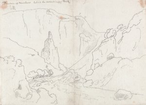 垂直な岩の背後にあるヴォクリューズの噴水 作： John Robert Cozens